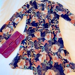 Lulus Jewel tone floral print long sleeve wrap mini dress size M